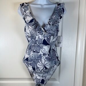Stella Parker White Plunge Floral Ruffle Swimsuit Size Large NWT #5730